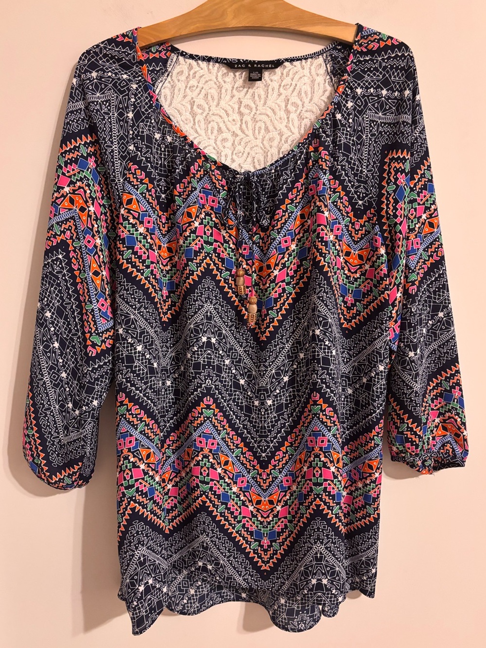 Zac & Rachel Boho multicolor geometric pattern blouse with lace back detail